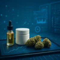 Cannabis oil, cream, and buds on a digital tablet with tech background