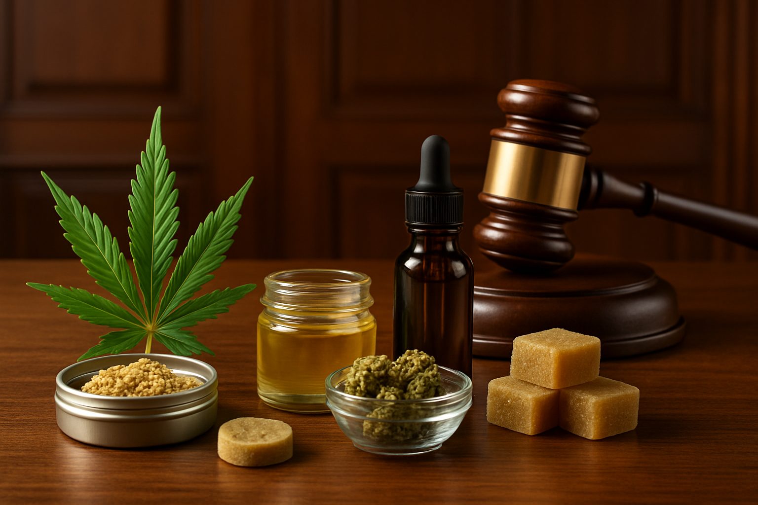 A collection of cannabis products including a leaf, oils, and edibles beside a gavel on a wooden table.