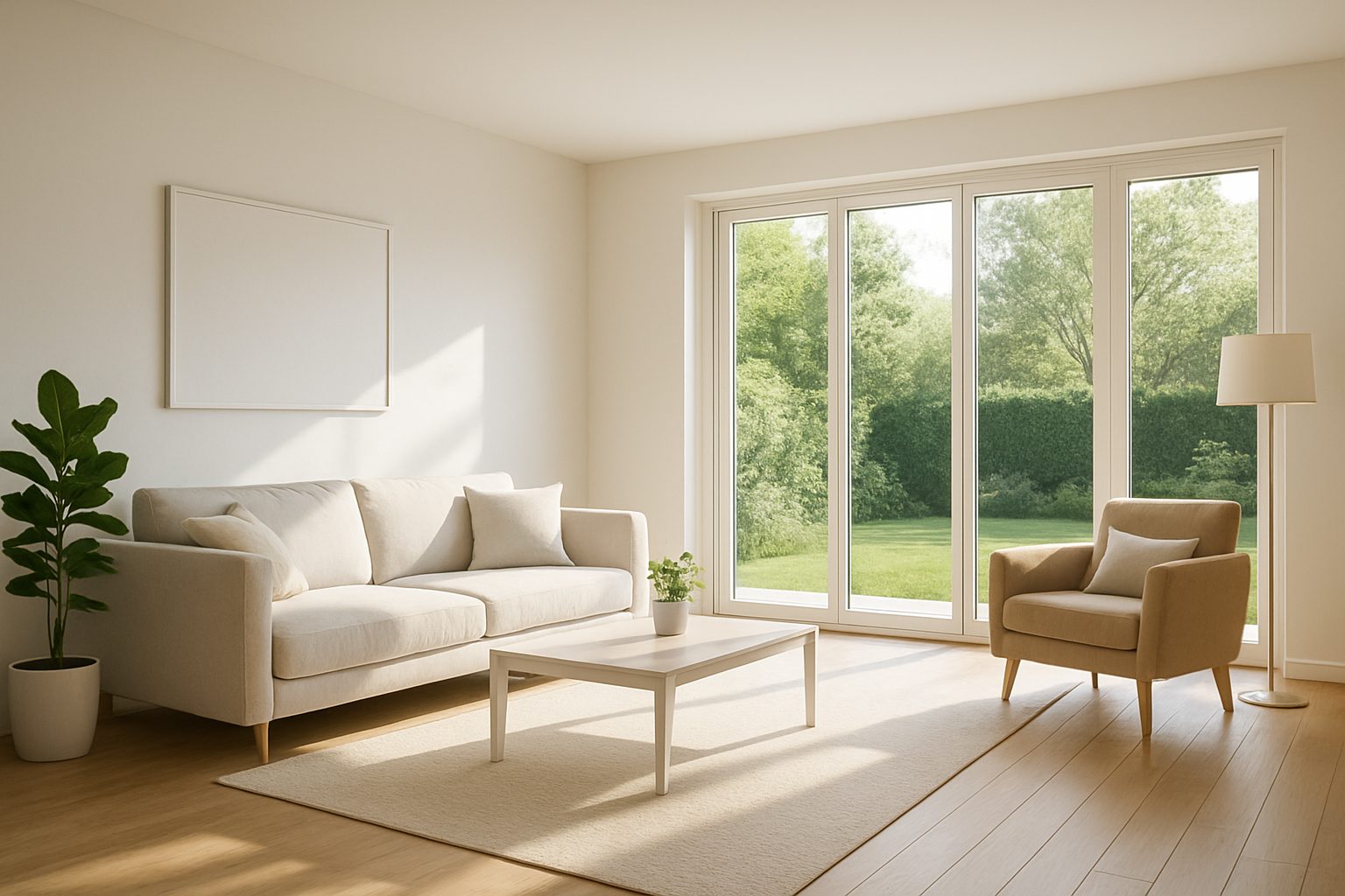bright and airy living room with a plant and large windows overlooking greenery